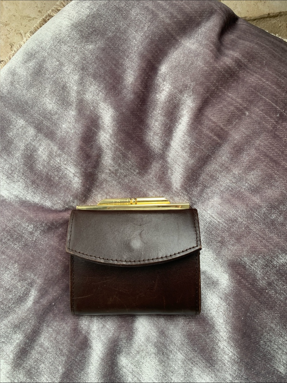 Leather Coin Wallet with Gold Frame - Brown